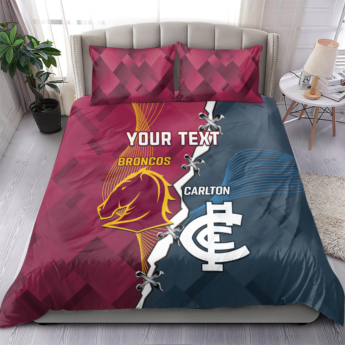 Personalised Broncos Rugby And Carlton Football Bedding Set Sporty Version