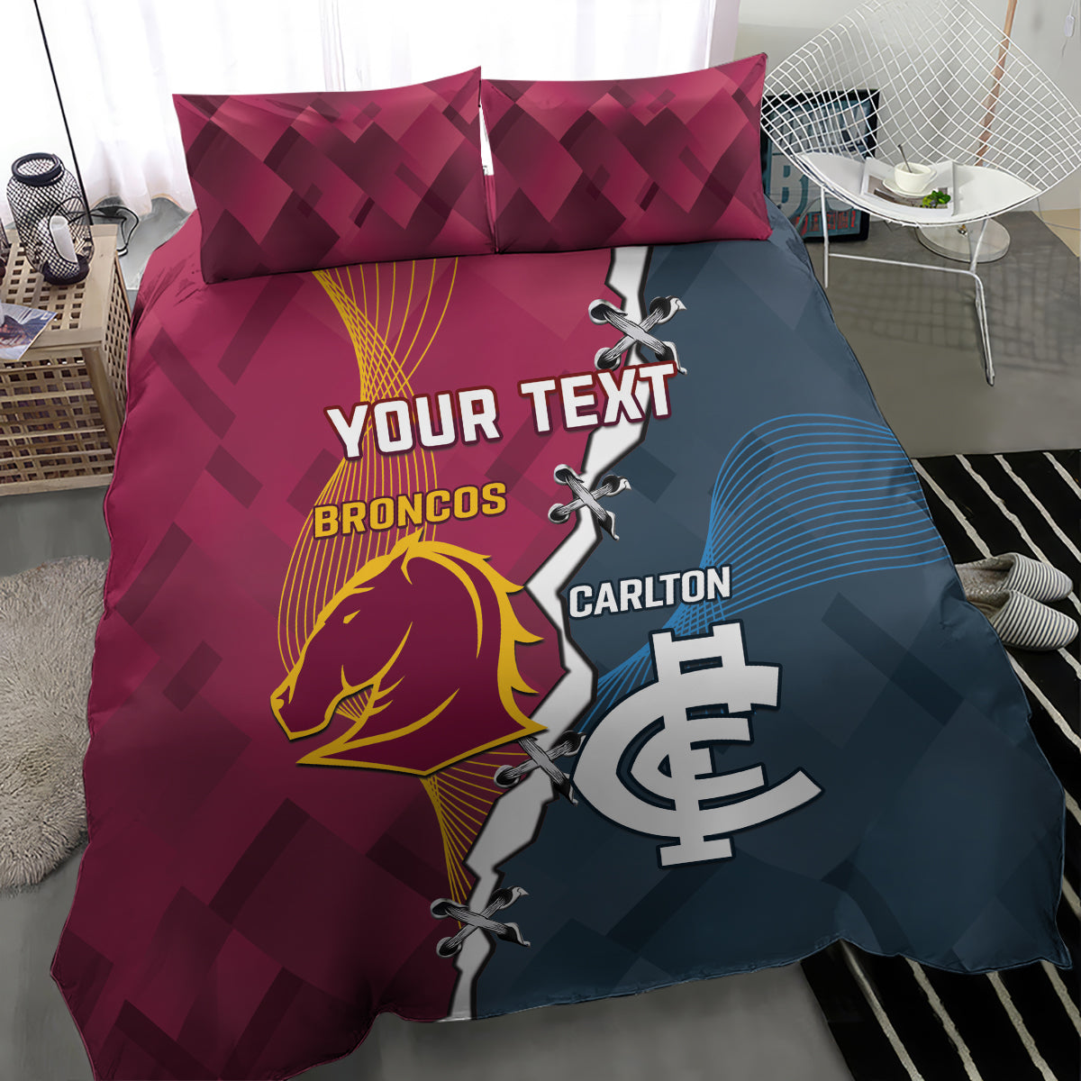 Personalised Broncos Rugby And Carlton Football Bedding Set Sporty Version