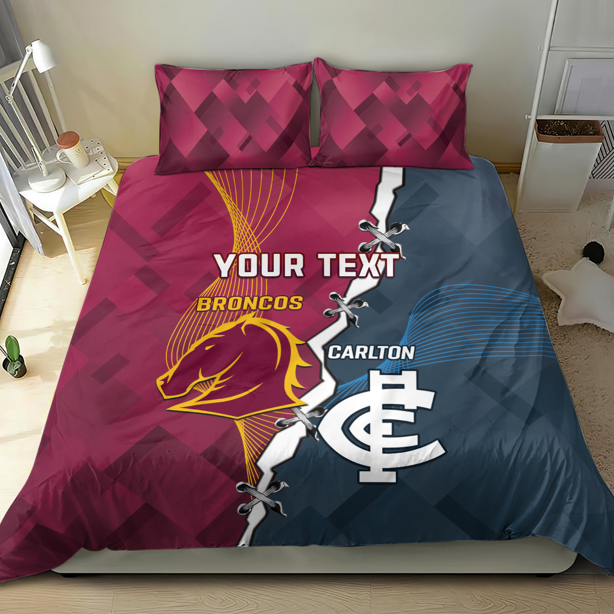 Personalised Broncos Rugby And Carlton Football Bedding Set Sporty Version
