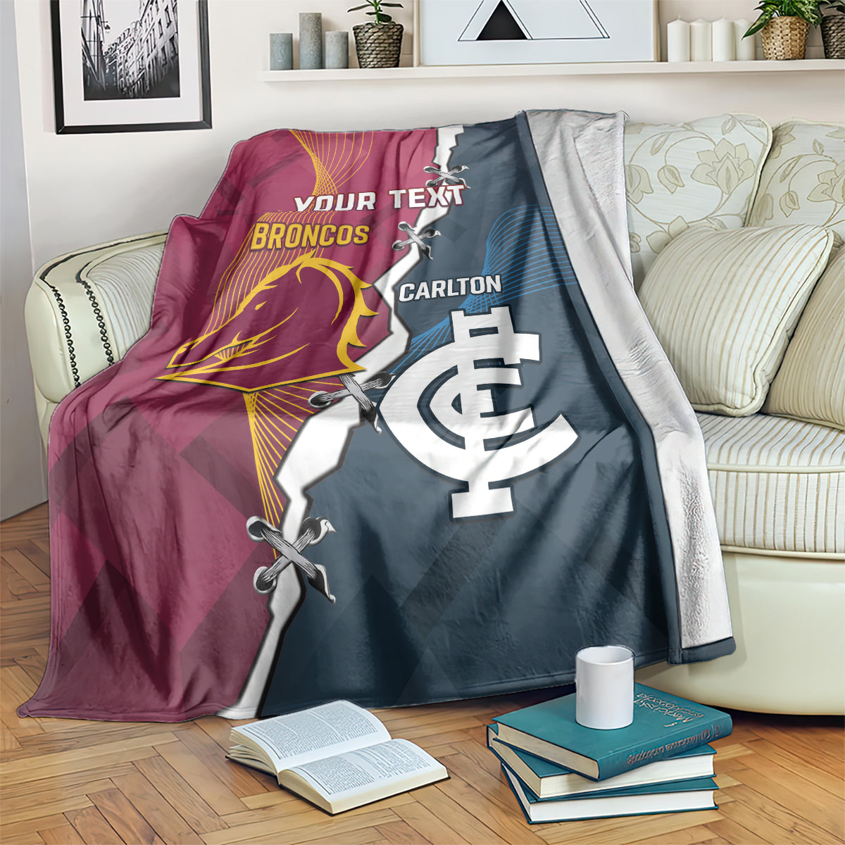 Personalised Broncos Rugby And Carlton Football Blanket Sporty Version