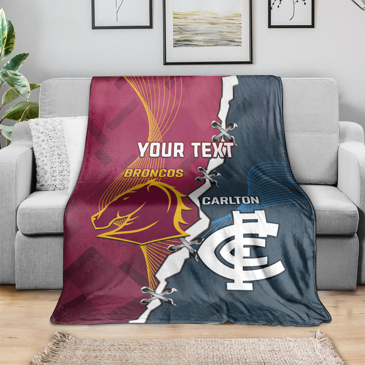 Personalised Broncos Rugby And Carlton Football Blanket Sporty Version