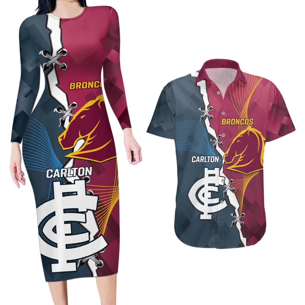 Personalised Broncos Rugby And Carlton Football Couples Matching Long Sleeve Bodycon Dress and Hawaiian Shirt Sporty Version LT14