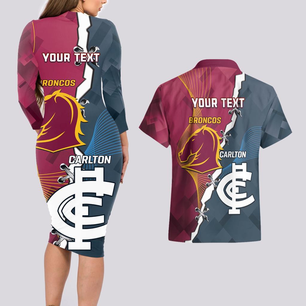 Personalised Broncos Rugby And Carlton Football Couples Matching Long Sleeve Bodycon Dress and Hawaiian Shirt Sporty Version LT14