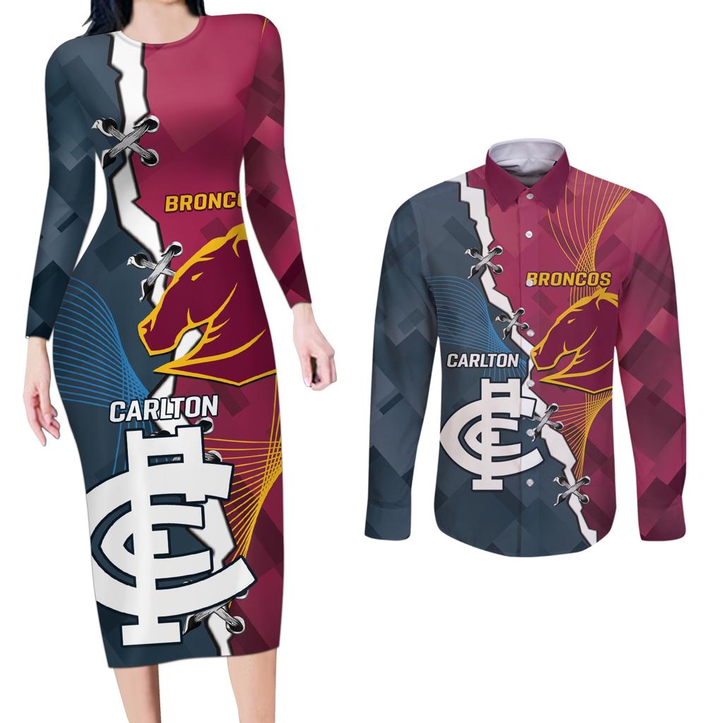 Personalised Broncos Rugby And Carlton Football Couples Matching Long Sleeve Bodycon Dress and Long Sleeve Button Shirt Sporty Version LT14