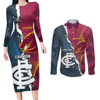 Personalised Broncos Rugby And Carlton Football Couples Matching Long Sleeve Bodycon Dress and Long Sleeve Button Shirt Sporty Version LT14