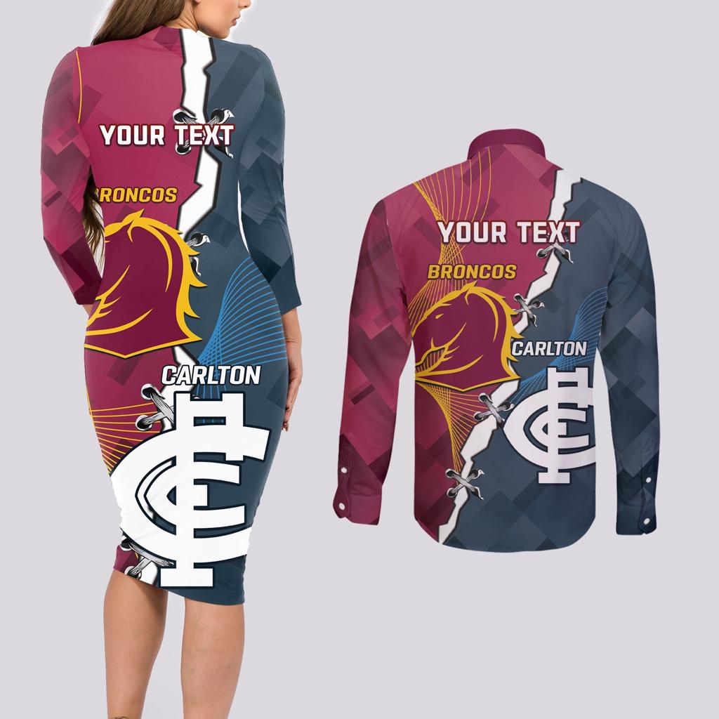 Personalised Broncos Rugby And Carlton Football Couples Matching Long Sleeve Bodycon Dress and Long Sleeve Button Shirt Sporty Version LT14