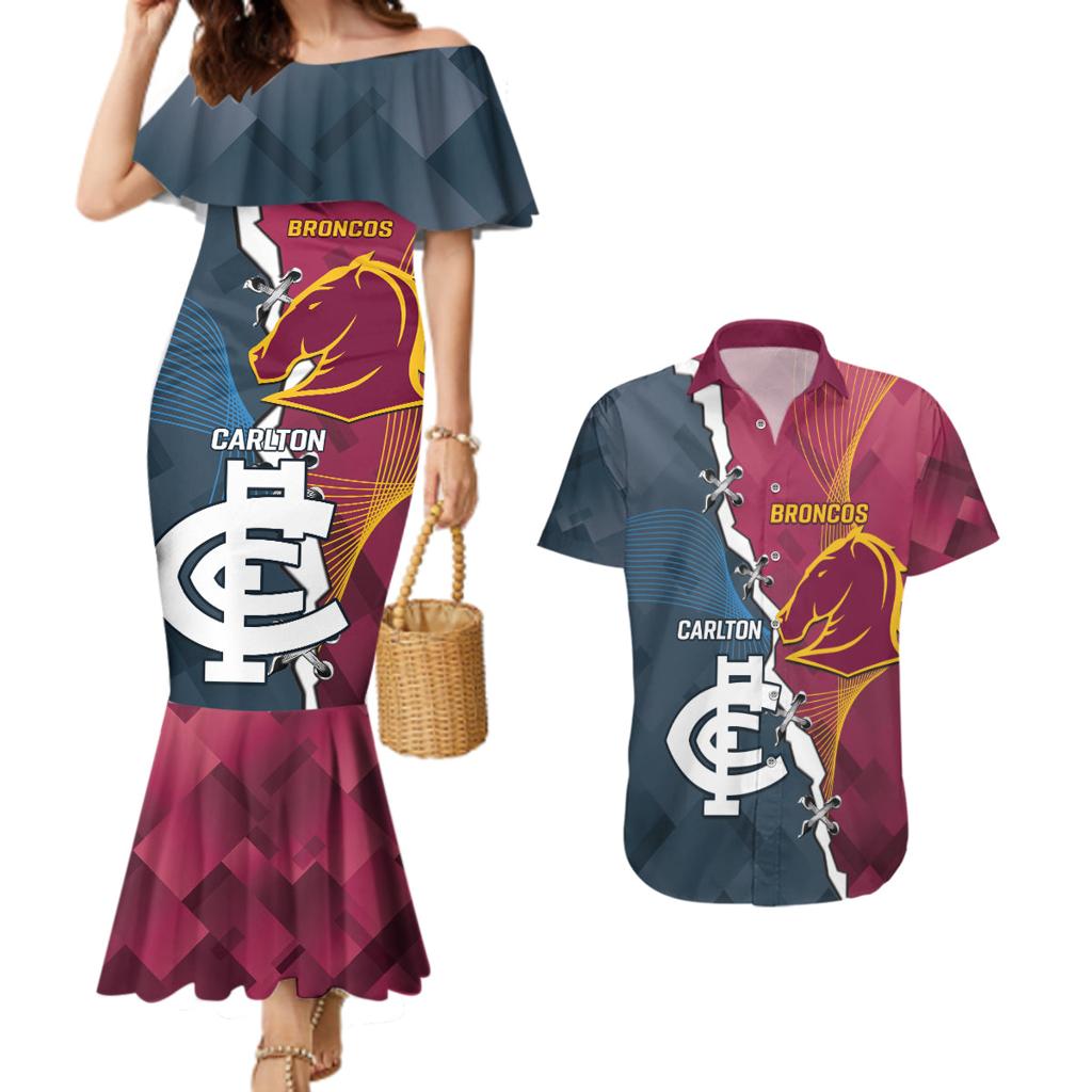 Personalised Broncos Rugby And Carlton Football Couples Matching Mermaid Dress and Hawaiian Shirt Sporty Version LT14
