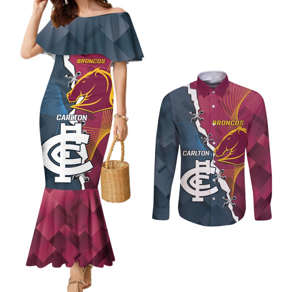 Personalised Broncos Rugby And Carlton Football Couples Matching Mermaid Dress and Long Sleeve Button Shirt Sporty Version LT14