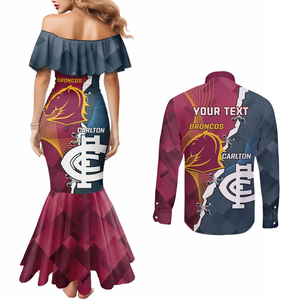 Personalised Broncos Rugby And Carlton Football Couples Matching Mermaid Dress and Long Sleeve Button Shirt Sporty Version LT14