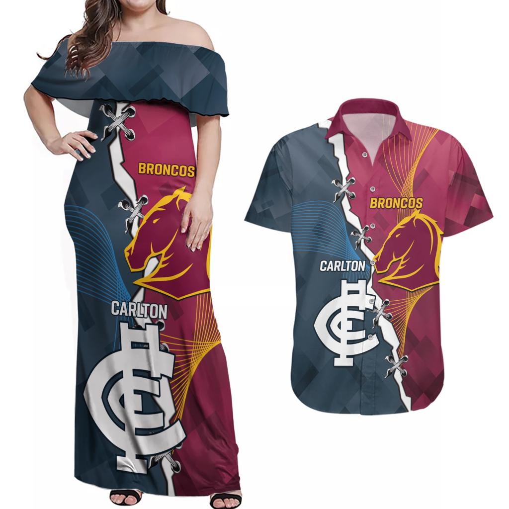 Personalised Broncos Rugby And Carlton Football Couples Matching Off Shoulder Maxi Dress and Hawaiian Shirt Sporty Version LT14