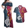 Personalised Broncos Rugby And Carlton Football Couples Matching Off Shoulder Maxi Dress and Hawaiian Shirt Sporty Version LT14
