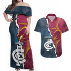 Personalised Broncos Rugby And Carlton Football Couples Matching Off Shoulder Maxi Dress and Hawaiian Shirt Sporty Version LT14