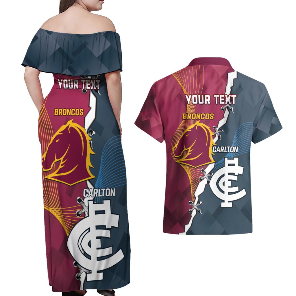 Personalised Broncos Rugby And Carlton Football Couples Matching Off Shoulder Maxi Dress and Hawaiian Shirt Sporty Version LT14