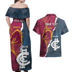Personalised Broncos Rugby And Carlton Football Couples Matching Off Shoulder Maxi Dress and Hawaiian Shirt Sporty Version LT14
