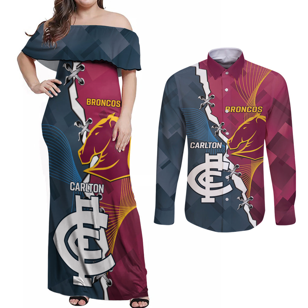 Personalised Broncos Rugby And Carlton Football Couples Matching Off Shoulder Maxi Dress and Long Sleeve Button Shirt Sporty Version LT14