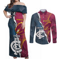 Personalised Broncos Rugby And Carlton Football Couples Matching Off Shoulder Maxi Dress and Long Sleeve Button Shirt Sporty Version LT14