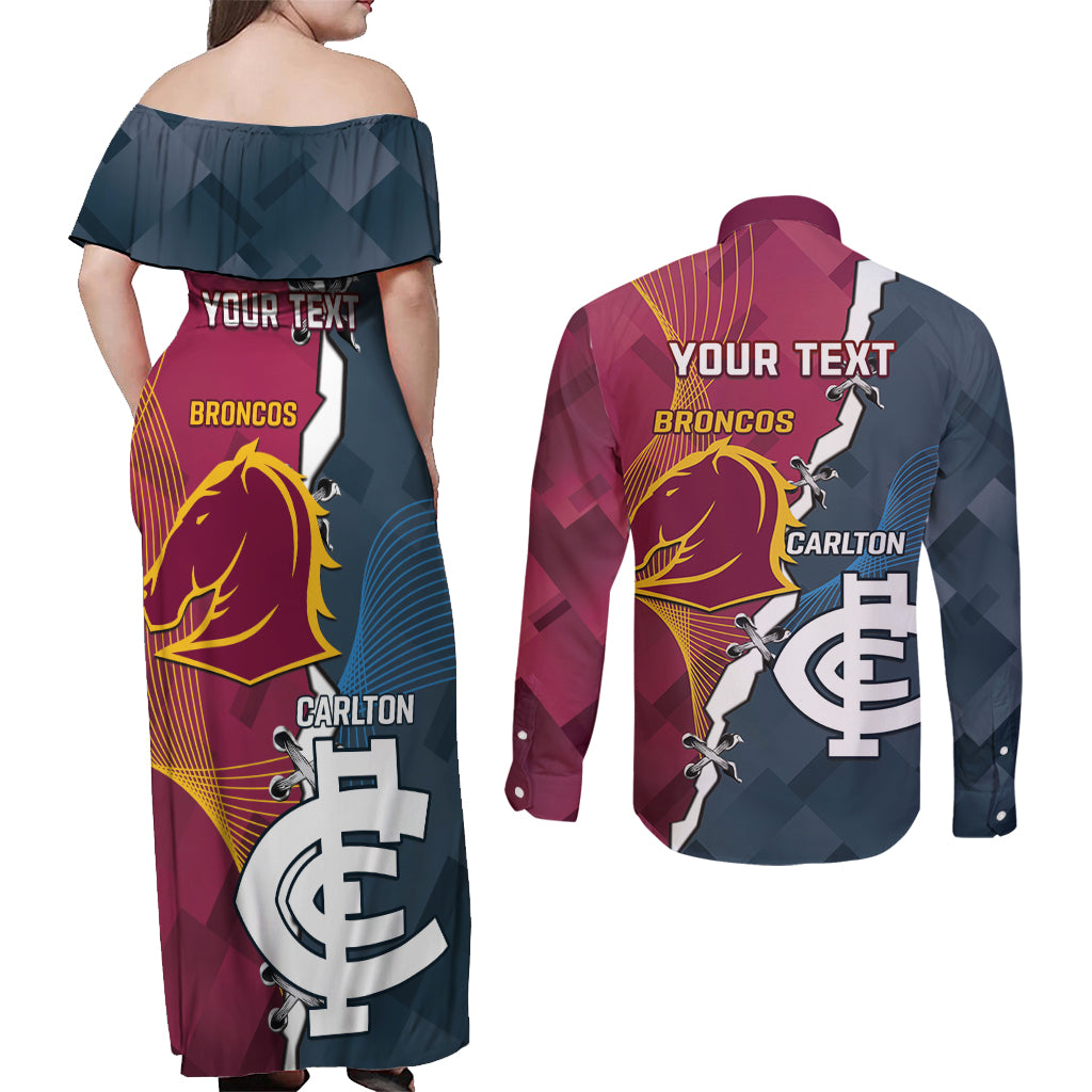 Personalised Broncos Rugby And Carlton Football Couples Matching Off Shoulder Maxi Dress and Long Sleeve Button Shirt Sporty Version LT14