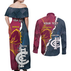 Personalised Broncos Rugby And Carlton Football Couples Matching Off Shoulder Maxi Dress and Long Sleeve Button Shirt Sporty Version LT14