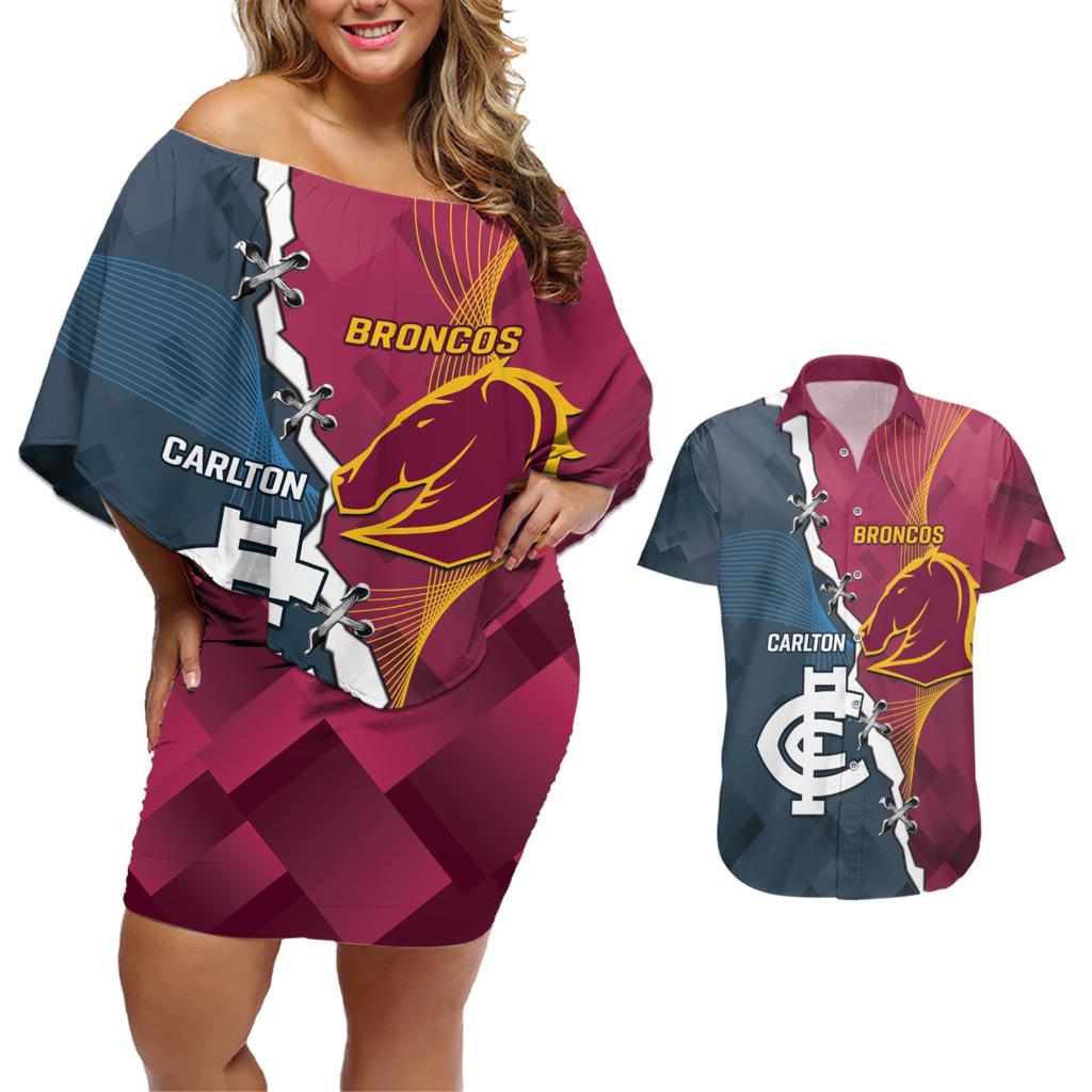 Personalised Broncos Rugby And Carlton Football Couples Matching Off Shoulder Short Dress and Hawaiian Shirt Sporty Version LT14