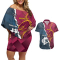 Personalised Broncos Rugby And Carlton Football Couples Matching Off Shoulder Short Dress and Hawaiian Shirt Sporty Version LT14