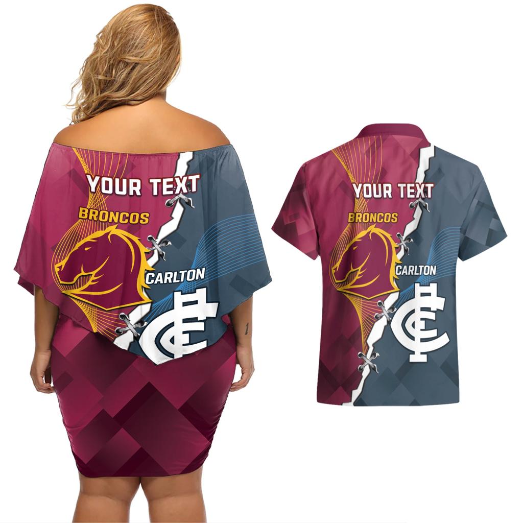 Personalised Broncos Rugby And Carlton Football Couples Matching Off Shoulder Short Dress and Hawaiian Shirt Sporty Version LT14