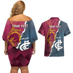 Personalised Broncos Rugby And Carlton Football Couples Matching Off Shoulder Short Dress and Hawaiian Shirt Sporty Version LT14