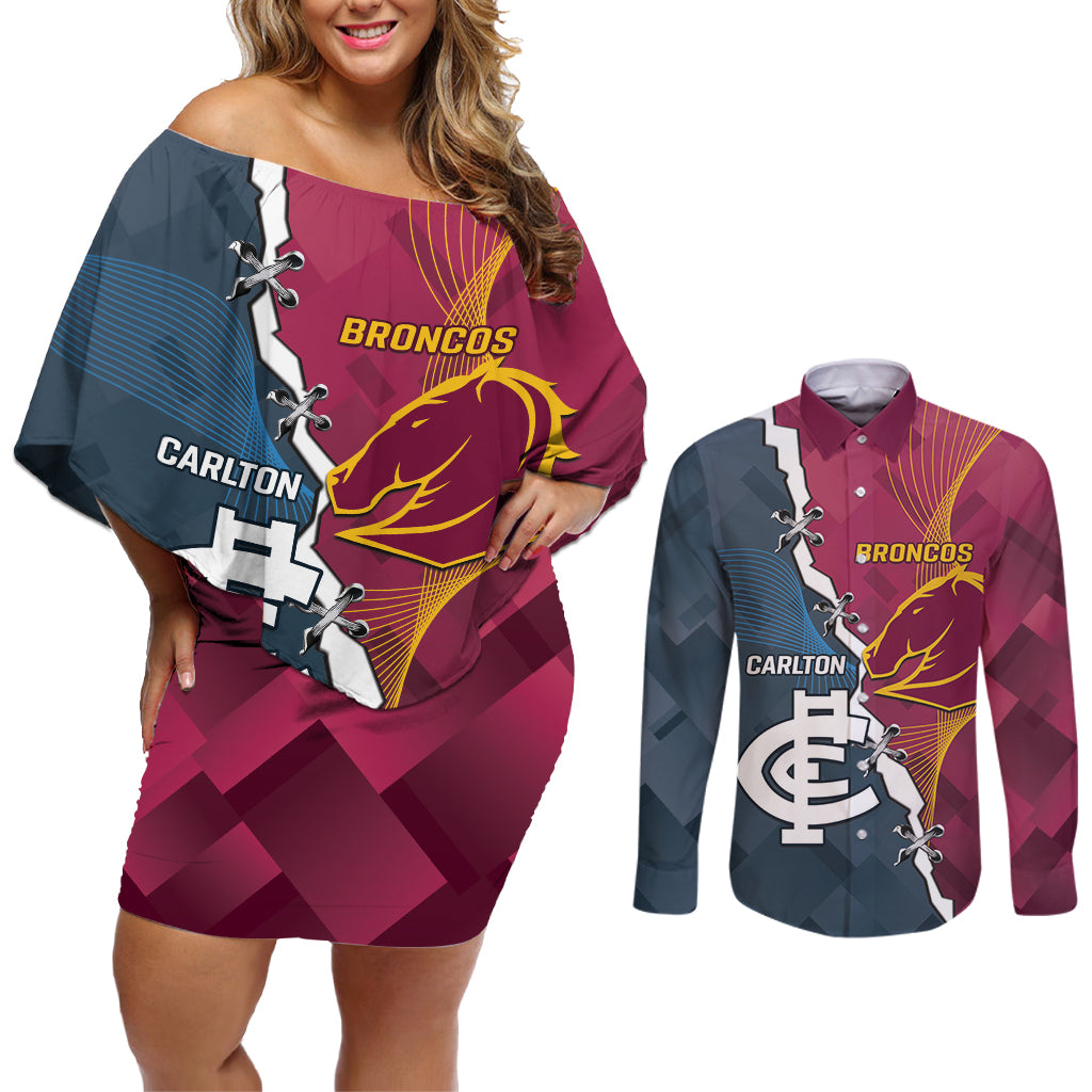 Personalised Broncos Rugby And Carlton Football Couples Matching Off Shoulder Short Dress and Long Sleeve Button Shirt Sporty Version LT14