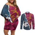Personalised Broncos Rugby And Carlton Football Couples Matching Off Shoulder Short Dress and Long Sleeve Button Shirt Sporty Version LT14