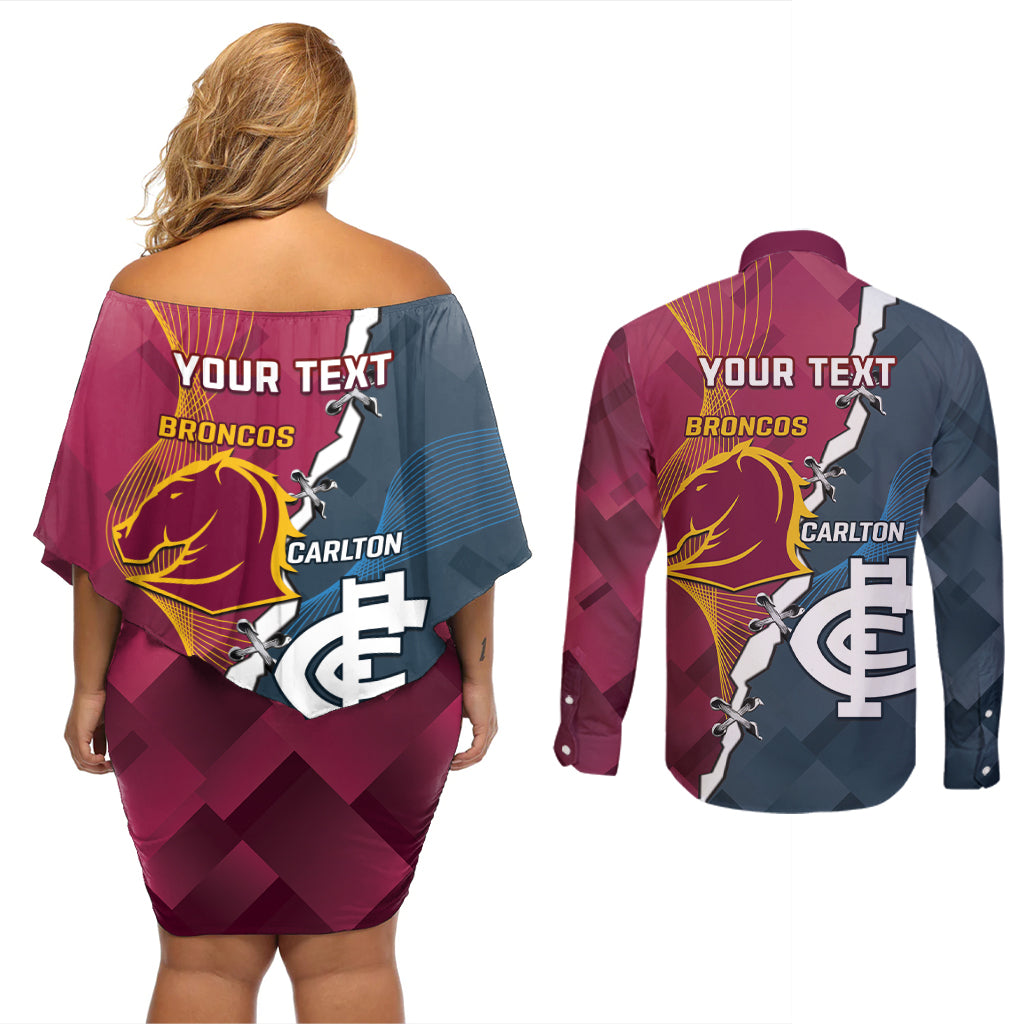Personalised Broncos Rugby And Carlton Football Couples Matching Off Shoulder Short Dress and Long Sleeve Button Shirt Sporty Version LT14