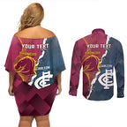 Personalised Broncos Rugby And Carlton Football Couples Matching Off Shoulder Short Dress and Long Sleeve Button Shirt Sporty Version LT14