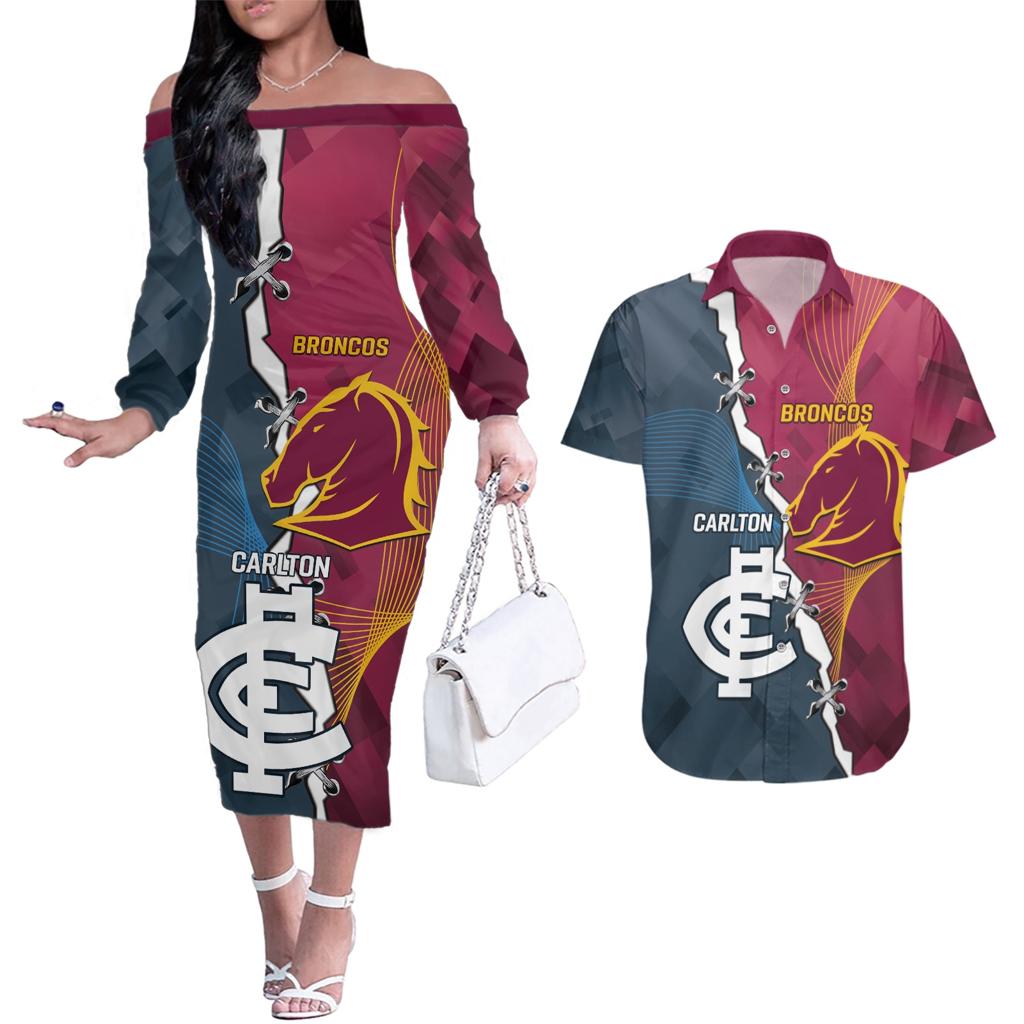 Personalised Broncos Rugby And Carlton Football Couples Matching Off The Shoulder Long Sleeve Dress and Hawaiian Shirt Sporty Version LT14