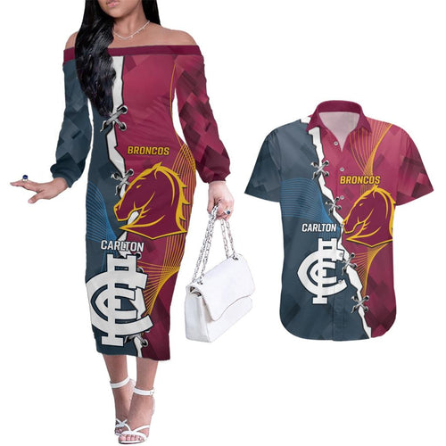 Personalised Broncos Rugby And Carlton Football Couples Matching Off The Shoulder Long Sleeve Dress and Hawaiian Shirt Sporty Version LT14