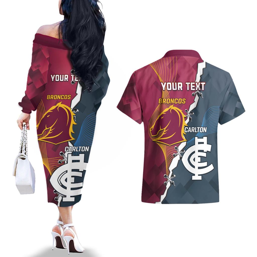Personalised Broncos Rugby And Carlton Football Couples Matching Off The Shoulder Long Sleeve Dress and Hawaiian Shirt Sporty Version LT14