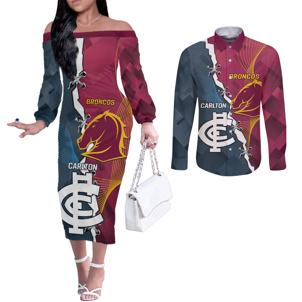 Personalised Broncos Rugby And Carlton Football Couples Matching Off The Shoulder Long Sleeve Dress and Long Sleeve Button Shirt Sporty Version LT14