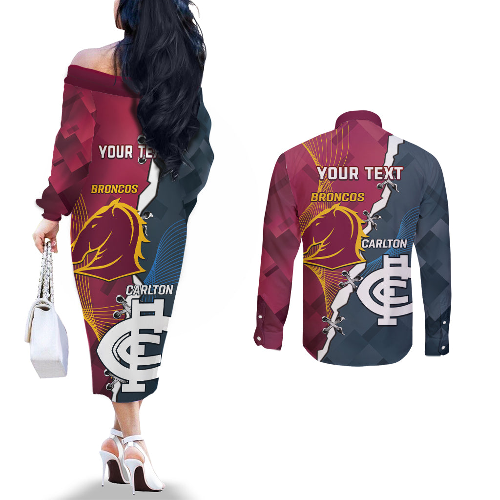 Personalised Broncos Rugby And Carlton Football Couples Matching Off The Shoulder Long Sleeve Dress and Long Sleeve Button Shirt Sporty Version LT14
