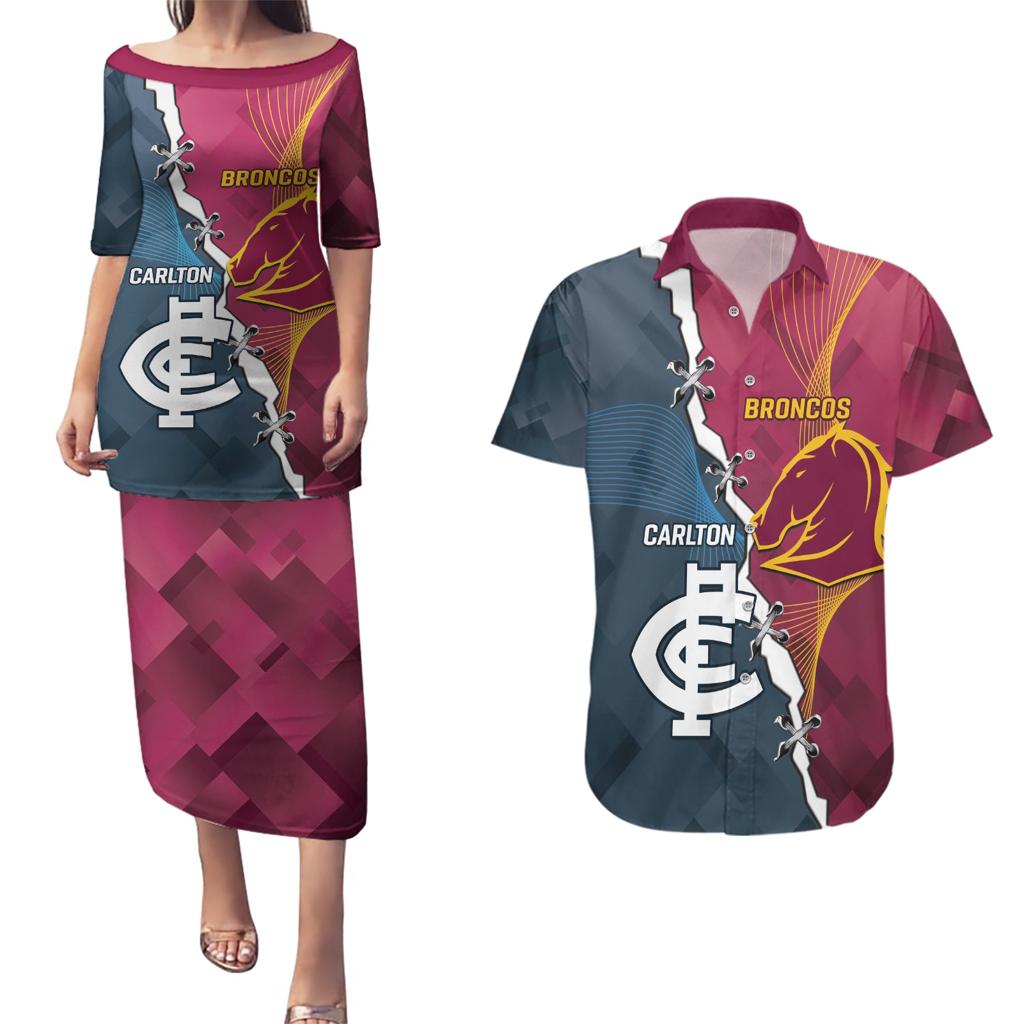 Personalised Broncos Rugby And Carlton Football Couples Matching Puletasi and Hawaiian Shirt Sporty Version LT14