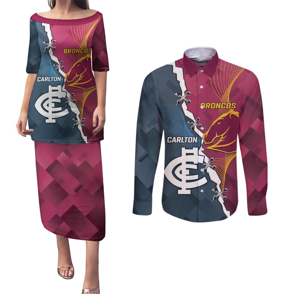Personalised Broncos Rugby And Carlton Football Couples Matching Puletasi and Long Sleeve Button Shirt Sporty Version LT14