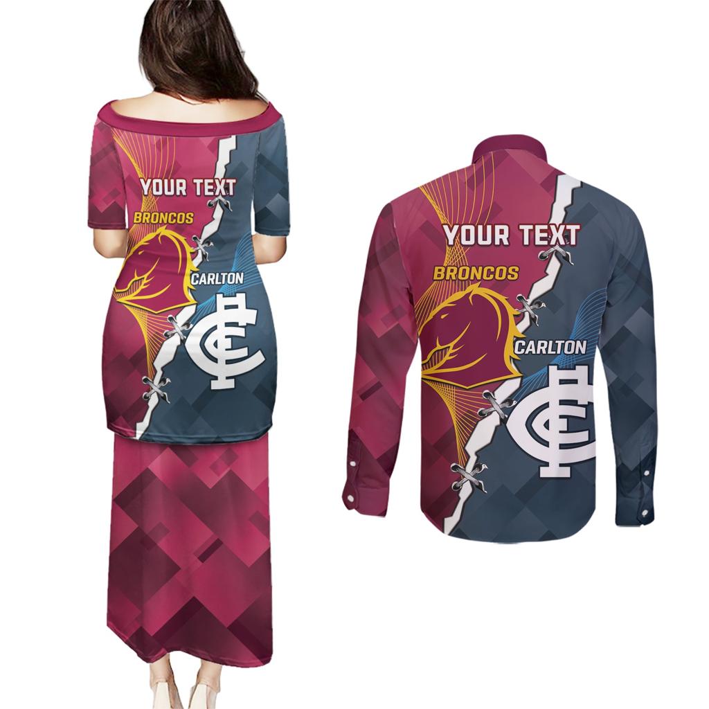 Personalised Broncos Rugby And Carlton Football Couples Matching Puletasi and Long Sleeve Button Shirt Sporty Version LT14