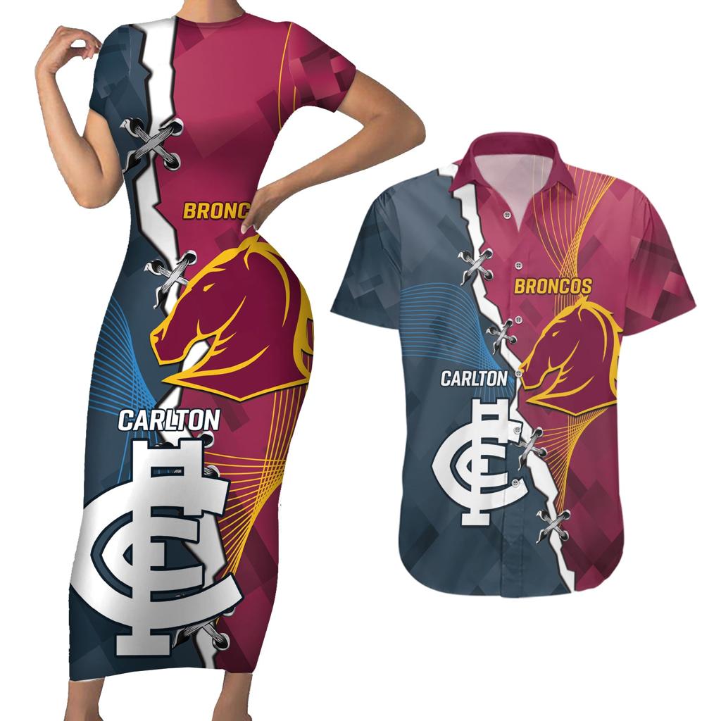 Personalised Broncos Rugby And Carlton Football Couples Matching Short Sleeve Bodycon Dress and Hawaiian Shirt Sporty Version LT14