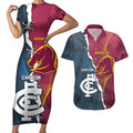Personalised Broncos Rugby And Carlton Football Couples Matching Short Sleeve Bodycon Dress and Hawaiian Shirt Sporty Version LT14