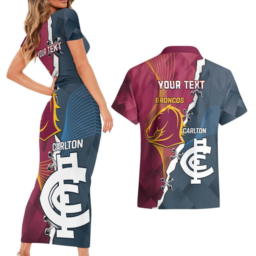 Personalised Broncos Rugby And Carlton Football Couples Matching Short Sleeve Bodycon Dress and Hawaiian Shirt Sporty Version LT14