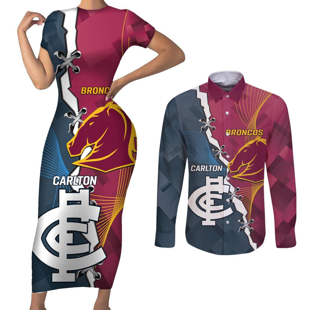 Personalised Broncos Rugby And Carlton Football Couples Matching Short Sleeve Bodycon Dress and Long Sleeve Button Shirt Sporty Version LT14