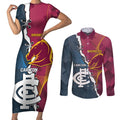 Personalised Broncos Rugby And Carlton Football Couples Matching Short Sleeve Bodycon Dress and Long Sleeve Button Shirt Sporty Version LT14