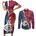 Personalised Broncos Rugby And Carlton Football Couples Matching Short Sleeve Bodycon Dress and Long Sleeve Button Shirt Sporty Version LT14