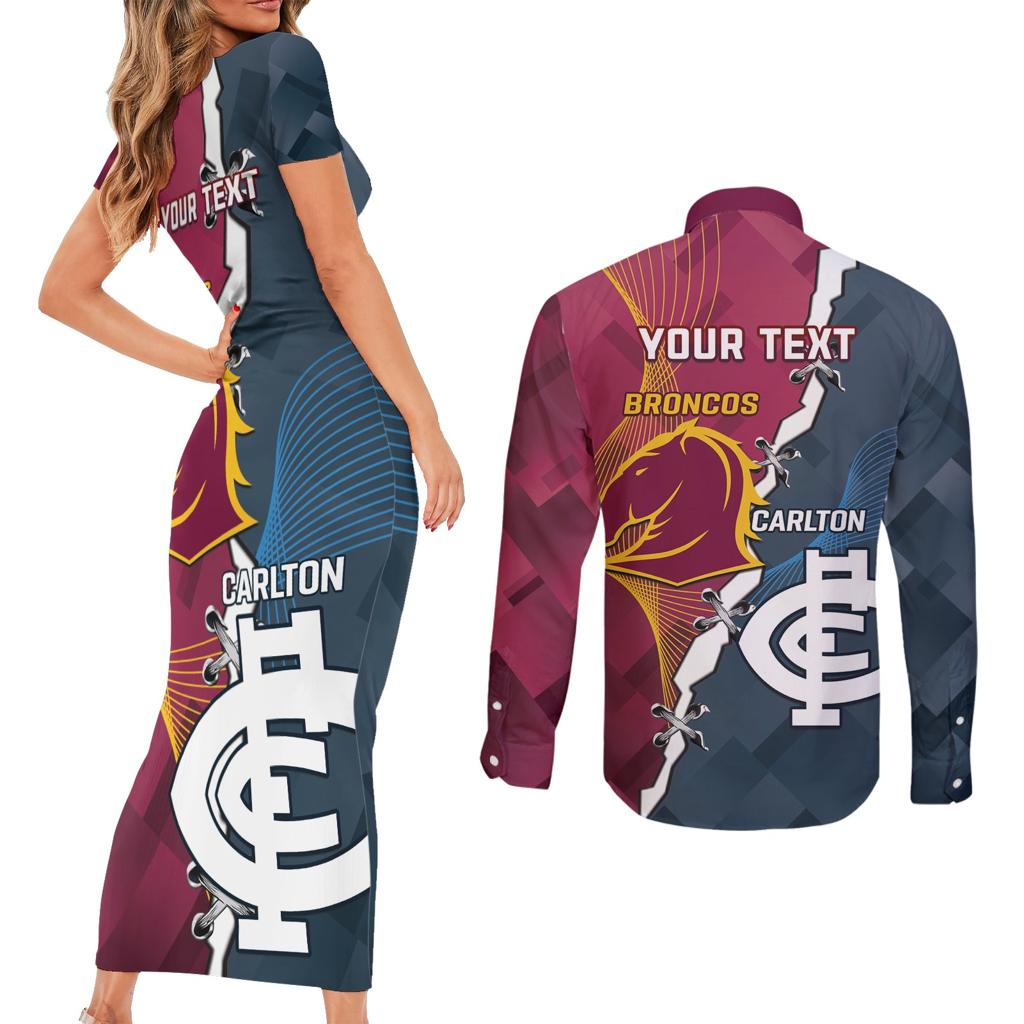 Personalised Broncos Rugby And Carlton Football Couples Matching Short Sleeve Bodycon Dress and Long Sleeve Button Shirt Sporty Version LT14