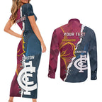 Personalised Broncos Rugby And Carlton Football Couples Matching Short Sleeve Bodycon Dress and Long Sleeve Button Shirt Sporty Version LT14