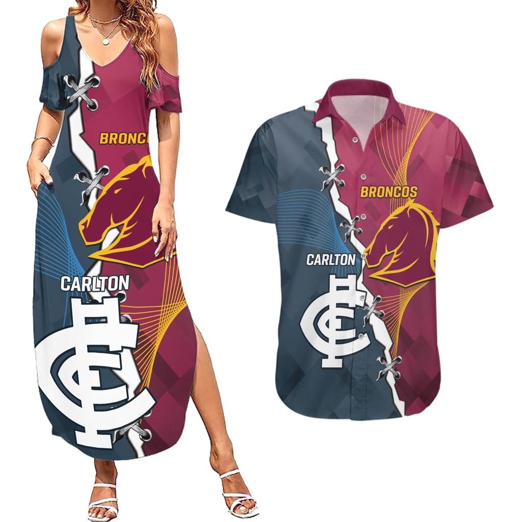 Personalised Broncos Rugby And Carlton Football Couples Matching Summer Maxi Dress and Hawaiian Shirt Sporty Version LT14