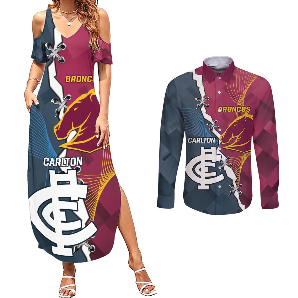 Personalised Broncos Rugby And Carlton Football Couples Matching Summer Maxi Dress and Long Sleeve Button Shirt Sporty Version LT14