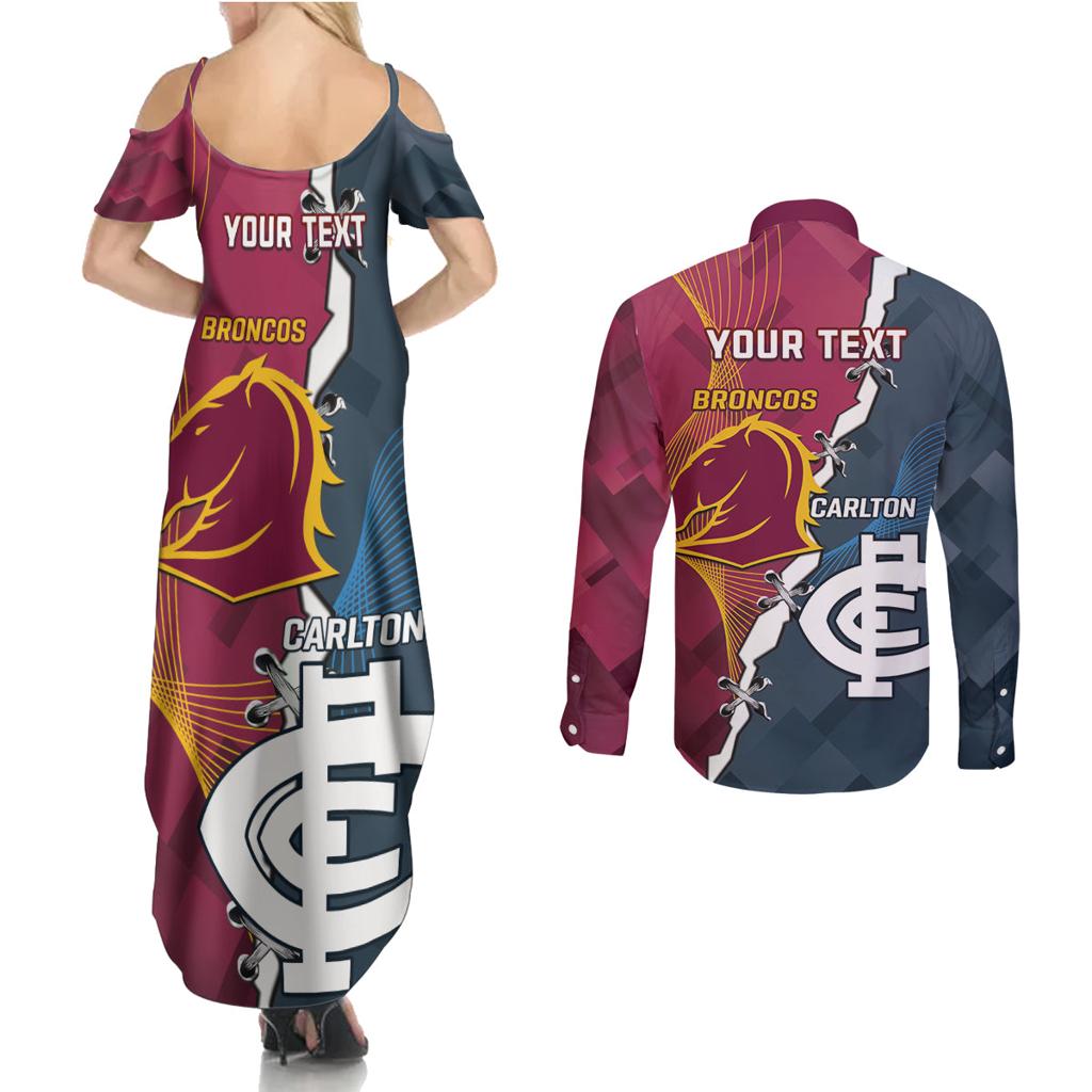 Personalised Broncos Rugby And Carlton Football Couples Matching Summer Maxi Dress and Long Sleeve Button Shirt Sporty Version LT14