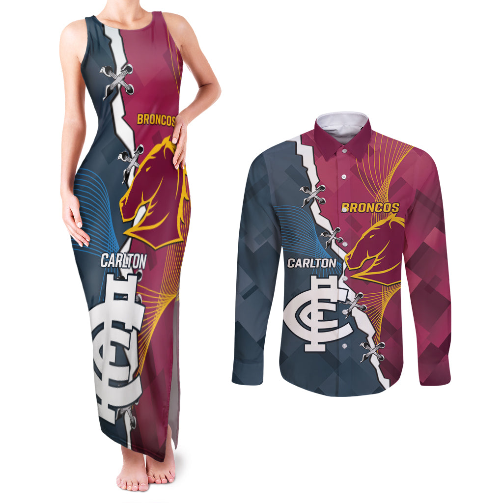 Personalised Broncos Rugby And Carlton Football Couples Matching Tank Maxi Dress and Long Sleeve Button Shirt Sporty Version LT14